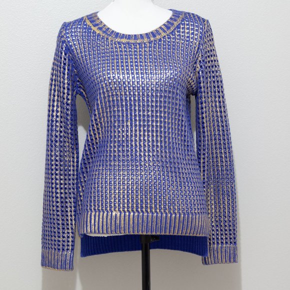 Collective Concepts Women's Blue with Metallic Gold Open Knit Sweater Size Small - Picture 1 of 5